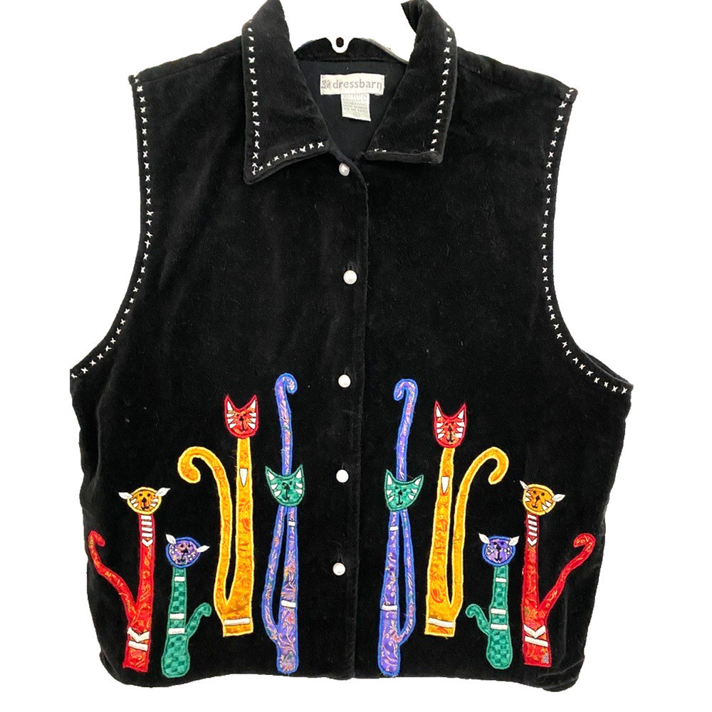 DRESSBARN Festive Holiday cat design velvet vest women's size Large